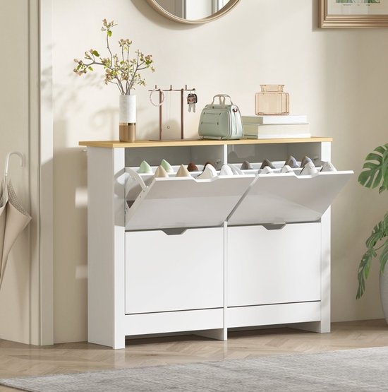 MIVRAY Schoenenkast - Smal Met 4 Klapvakken Voor 8 Tot 16 Paar Schoenen - Voor Hal En Woonkamer - Hout - Wit Naturel