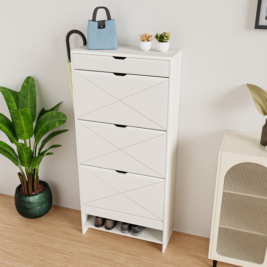 MIVRAY Schoenkast - Witte MDF Schoenenkast Met 3 Klapvakken En Bovenlade - Voor Hal En Gang - 63 X 26 X 136,5 Cm