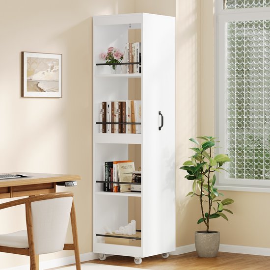 MIVRAY Smal Boekenrek - Met Wielen En Beschermstangen - Voor Woonkamer Keuken En Badkamer - MDF - Wit - 40x30x160,5 Cm