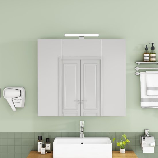 MIVRAY Spiegelschrank Met Drie Deuren En Ledverlichting Voor Badkamer Wandmontage Met Franse Stopcontacten Wit 87 X 24 X 79 Cm