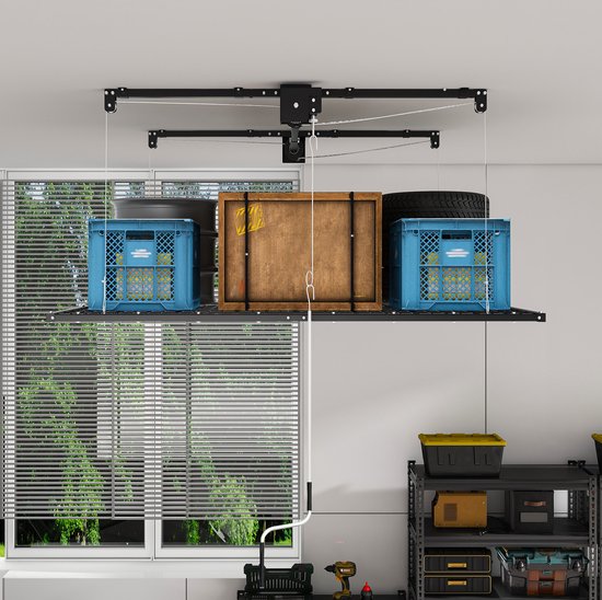 MODENUIT Garage Plafondopslagrek 120 x 240 cm - Kurbelsysteem - Voor Hoge Garages 3-3,6 m - Staal - Zwart