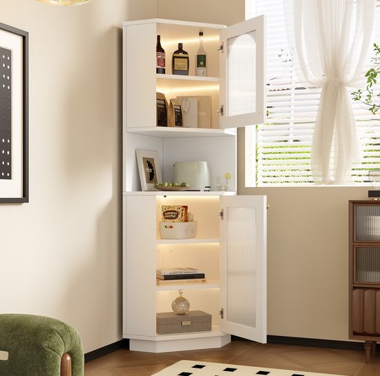 MODENUIT Hoekkast Badkamer - Lichtstrip En Open Vak - Met Glazen Deur - MDF Wit - 45 x 45 x 166,5 Cm