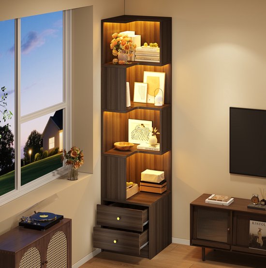 MODENUIT Hoekrek - L-Vormig Design Met LED En 2 Laden - Woonkamer En Kantoor - MDF - Bruin - 45x43,5x180 Cm