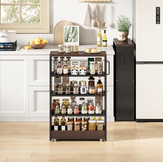 MODENUIT Opbergwagen - Smal Met 4 Verstelbare Legplanken - Keuken En Badkamer - MDF - Zwart Bruin - 55x20x85 Cm
