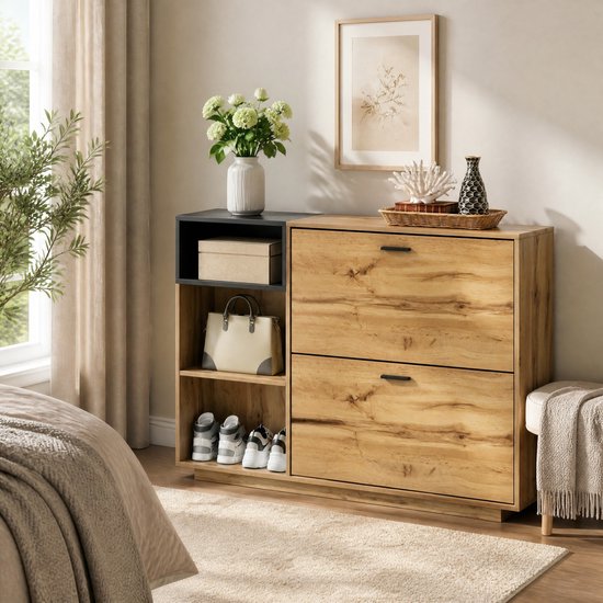 MODENUIT Schoenenkast - 3 Open Vakken En 2 Klapvakken - Hal En Slaapkamer - MDF - Naturel Zwart - 120x32x84,5 Cm
