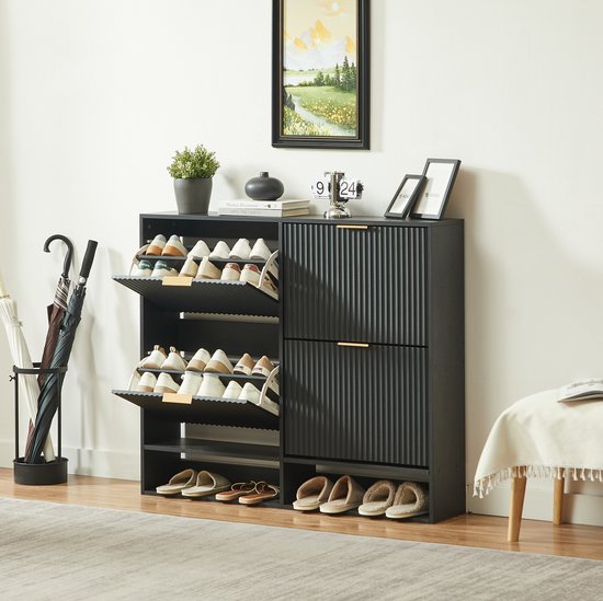 MODENUIT Schoenenkast - Nutfront Met Kantelbeveiliging - Voor Hal - Spaanplaat - Zwart - 120x24x102 Cm