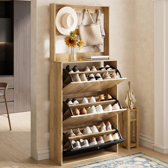 Moderne Schoenenkast Met Haken – 3 Klapbare Opbergvakken – Voor Hal En Gang – Houtkleur En Zwart – 75x24x180 Cm