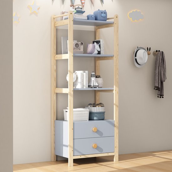 MODFU - Boekenkast - 4 Lagen - 2 Lades - Houten Handgrepen - Blauw - 70 x 44 x 180 cm