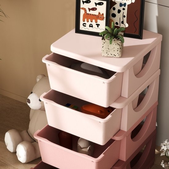 MODFU - Kinder Opbergkast - Vier Laden - Roze Kunststof - Ronde Hoeken - 37 X 37 X 76 Cm
