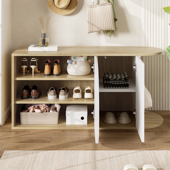 MODFU - Schoenenkast - Frans Design - Wit En Natuurlijk Hout - Halfronde Deuren