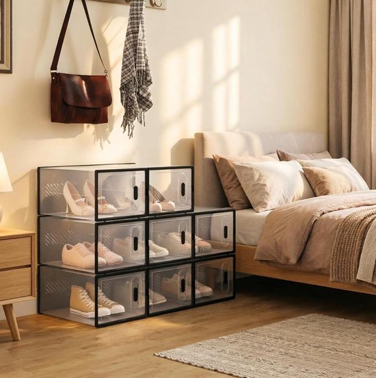 MODFU - Schoenenopbergboxen - Stapelbaar Transparant - Frontopening - Kunststof - Zwart - 8-Delig van modfu