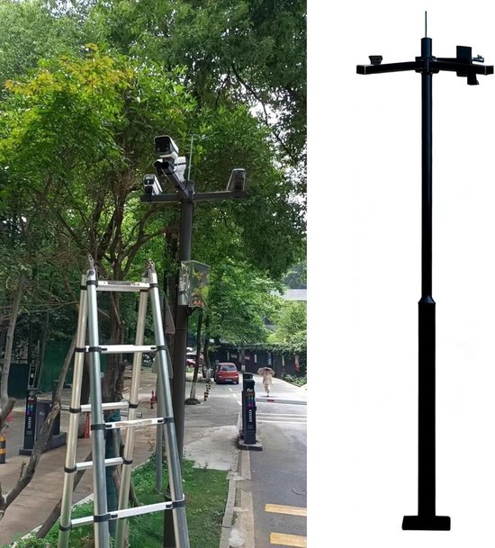 Montage Paal - Camera Steun - Beveiliging Buiten - Vier Armen - 4.5 Meter - Zwart