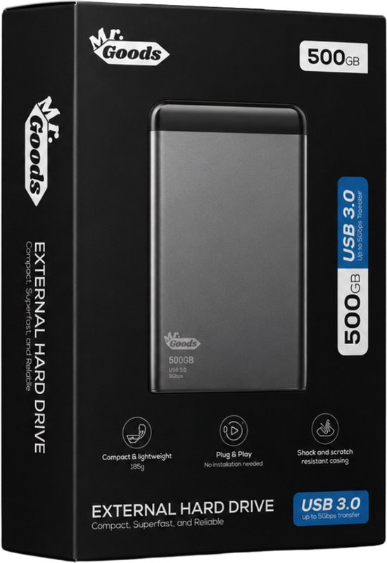 MrGoods Externe Harde Schijf 500GB Pro - USB 3.0 - 2.5 inch HDD - Metaal/Kunststof Behuizing - Zwart van MrGoods