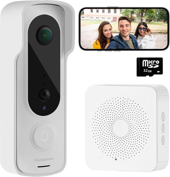 Namajunas - Draadloze Deurbel - Video Deurbel - Chime - Deurbellen Met Camera - Inclusief Binnenbel & SD-kaart(32GB) - Accu - Nachtvisie - Waterdicht - Mens- en bewegingsdetectie - Eenvoudige installatie van Merkloos