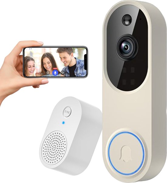 Namajunas - Draadloze deurbelcamera - Video-intercom - Draadloze wifi-videodeurbelcamera, 1080p-resolutie, ondersteunt tweewegsaudio, nachtzicht, cloudopslag en intelligente AI-bewegingsdetectie; ondersteunt alleen 2,4 GHz wifi. Gebroken wit