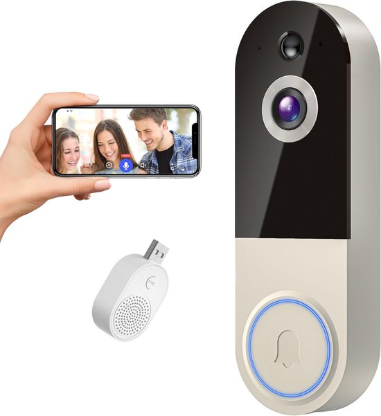 Namajunas - Draadloze deurbelcamera - Video-intercom - Draadloze wifi-videodeurbelcamera, 1080p-resolutie, ondersteunt tweewegsaudio, nachtzicht, cloudopslag en intelligente AI-bewegingsdetectie; ondersteunt alleen 2,4 GHz wifi.Gebroken wit van namajunas