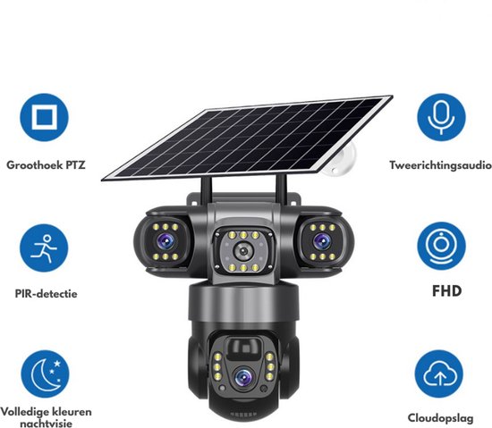 Narvie 3 Lens Solar Beveiligingscamera Wifi - 6MP - PTZ Draaibaar - Nachtzicht - PIR & Radar Detectie - V380 Pro - IP66 van Merkloos