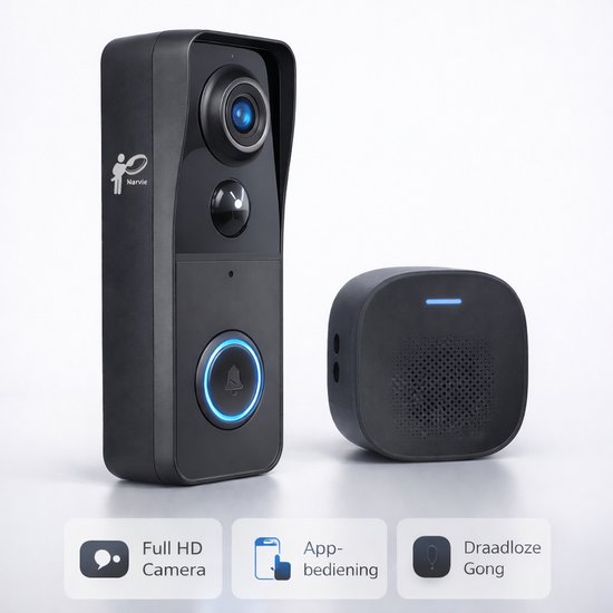 Narvie Video Deurbel met Camera 5MP – Draadloos – Met Draadloze Gong – Zonder Abonnement – Inclusief 32GB SD-kaart van NARVIE