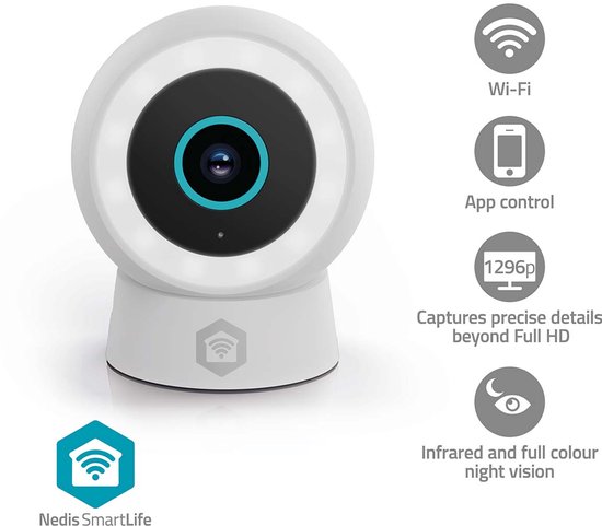 Nedis SmartLife Camera voor Buiten - Wi-Fi - Spotlight - 3MP Full HD 1296p - IP65 - Cloud Opslag (optioneel) / microSD (niet inbegrepen) / Onvif - 5 V DC - Met bewegingssensor - Nachtzicht - Wit van Nedis