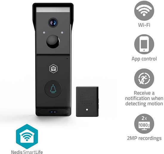 Nedis SmartLife Video Deurbel - 1080p Full HD - Dual-Cam Technologie - Zonder abonnement - Bewegingssensor - Nachtzicht - Deurbel draadloos - Zwart