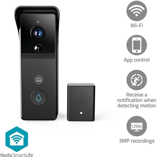 Nedis SmartLife Video Deurbel - 3MP Ultra HD - Zonder abonnement - Bewegingssensor - Deurbel draadloos - Deurbel met Camera - Zwart
