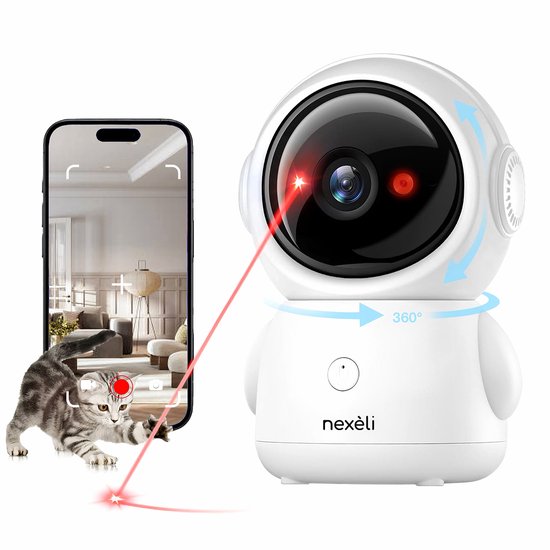 Nexeli NX-P07 Huisdiercamera met App - Inclusief 64GB Micro SD-kaart - 4MP HD - AI Dierdetectie - Auto Tracking - Laserpointer - 360° Draaibaar - Two-Way Audio