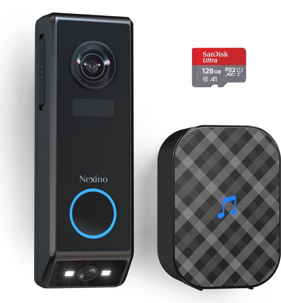 Nexino® Slimme Video Deurbel met Dual Camera - Deurbellen Met Camera - Geen abonnement - Draadloos en Bedraad - Deurbel Draadloos WiFi - Waterdicht - Incl. Gong & 128GB Sandisk SD - 2K Ultra HD van Merkloos
