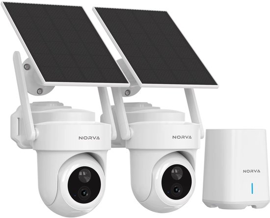 Norva Beveiligingscamera Set 4K Draadloos Wifi – Bewakingscamera Buiten (2 Stuks) – Zonnepaneel – Smart Hub met Lokale Opslag – Zonder Abonnement – App – Nachtzicht & Bewegingsdetectie van Merkloos
