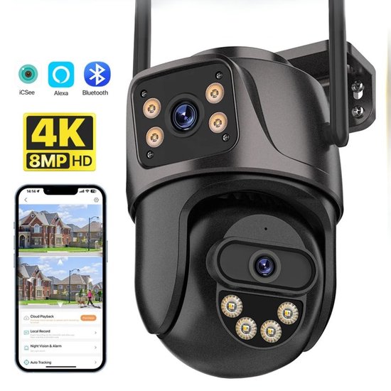 Norvia 4K Beveiligingscamera buiten - Draadloos - Nachtzicht - Wifi - Automatische tracking - Dual screen - HD - Bluetooth