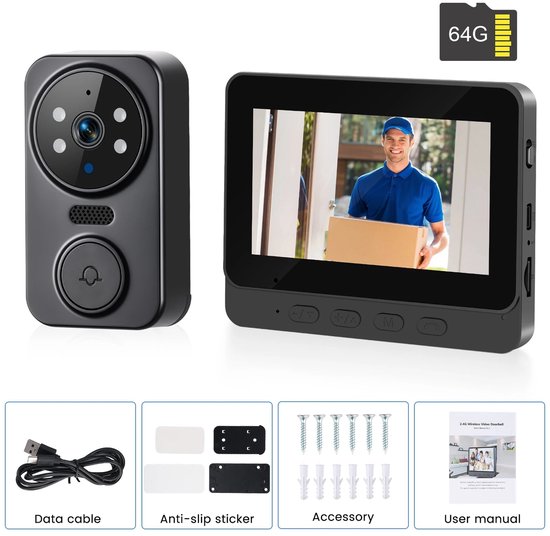 Novari - Video deurbel - Deurbel - Video deurbel met camera - Deurbel draadloos - Deurbel met camera - 4,3 inch IPS scherm - 2.4G