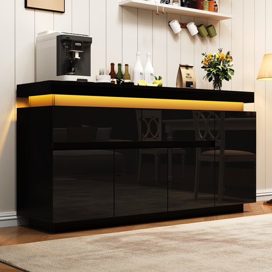 OKWISH Dressoir Zwart Hoogglans 2 Lades 4 Deuren LED Verlichting 140 X 35 X 72,5 Cm Opbergkast Voor Woonkamer En Eetkamer