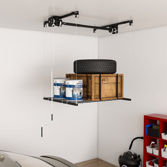 OKWISH Garageplafondrek - Handlier Met Veiligheidsvergrendeling - 120 x 120 cm - Staal - Zwart - Voor Hoge Garages van okwish