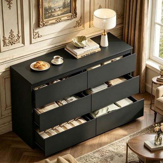 OKWISH Ladekast - 6 Greeploze Lades - Voor Slaapkamer, Woonkamer En Hal - Zwart Bewerkt Hout - Met Kantelbeveiliging - 120 Cm Breed