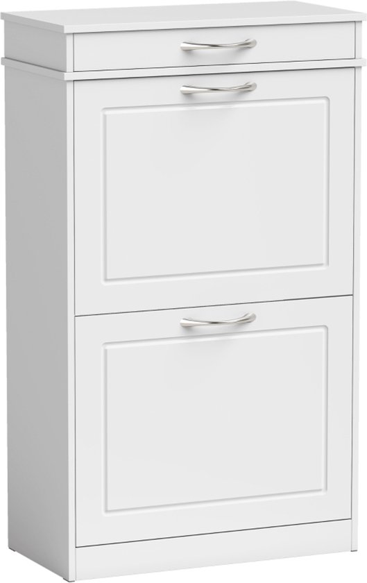 OKWISH Schoenenkast - 2 Klapvakken Met Lade En Verstelbare Verdelers - Smal Schoenenrek Voor Hal, Woonkamer En Balkon - Hout Wit - 53 x 26,5 x 89 cm
