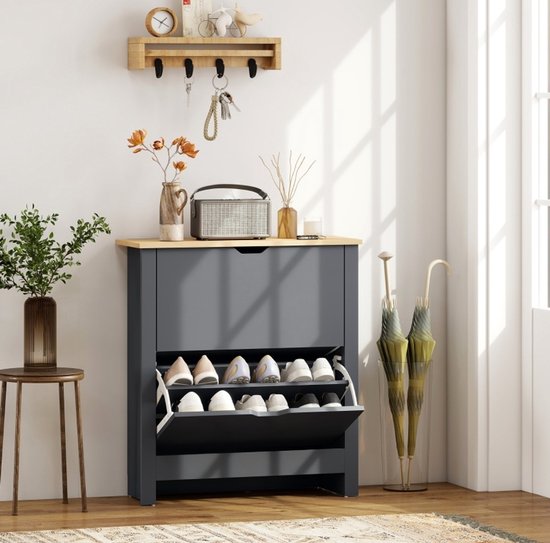 OKWISH Schoenenkast - 2 Klepvakken - Opbergruimte Voor 8-12 Paar Schoenen - Hal Of Entree - Hout Donkergrijs - 72 x 26 x 80 cm