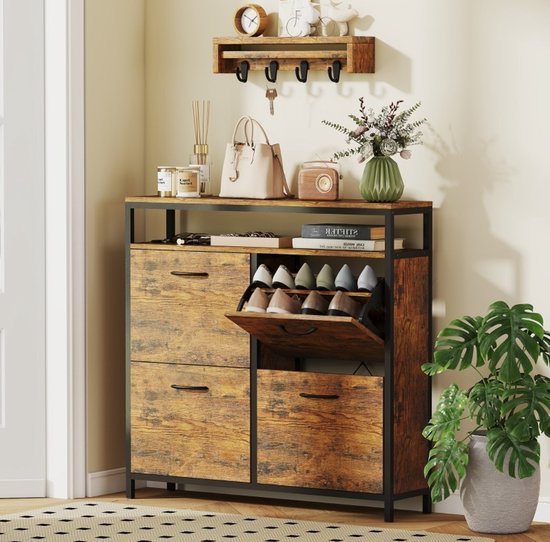 OKWISH Schoenenkast Met 4 Klapdeuren - Smal Industrieel Ontwerp Met Open Vak - Rustiek Bruin Hout En Zwart Staal - 98 X 24 X 95 Cm