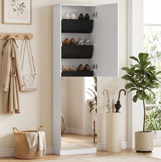OKWISH Schoenenkast Met Spiegel 5 Laags Smal Met Zacht Sluitende Deuren Voor Hal En Slaapkamer Wit 50 X 20 X 180 Cm