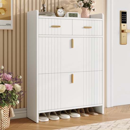 OKWISH Schoenenkast - Smal Model Met Klapvakken En Lade - Voor Hal En Entree - Wit - 75 X 24 X 108,5 Cm