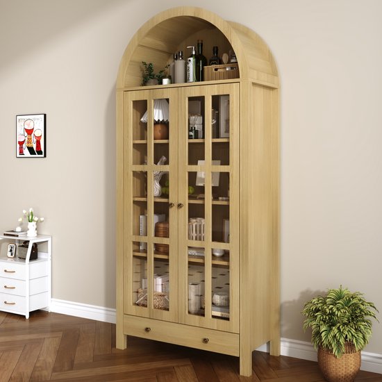 OKWISH Vitrinekast Bogenmodel Met Transparante Acryldeuren En Lade Voor Woonkamer Eetkamer Slaapkamer En Kantoor MDF Naturel 75 X 35 X 170,5 Cm