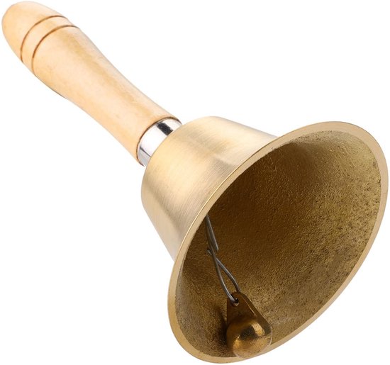 ONF3 - Gouden Bell - Handbel met Houten Handgreep - 15 cm Massief Messing - Geschikt voor School Kerk en Bruiloft - Elegante Geluidservaring