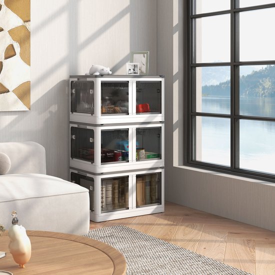 Opbergbox 69L – Opvouwbaar En Stapelbaar Met Wielen – 60 x 42 x 34 cm – PP Kunststof – Wit – Voor Thuis, Bureau En Kofferbak – 5-Zijdige Toegang