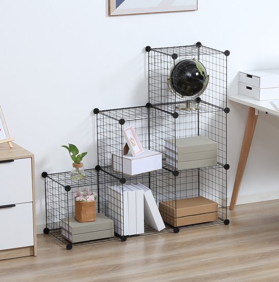 Opbergkast Modulair 6 Vakken 109 X 37 X 109 Cm Metaal Zwart Vrij Combineerbaar Open Draadontwerp Voor Woonkamer Slaapkamer En Kantoor