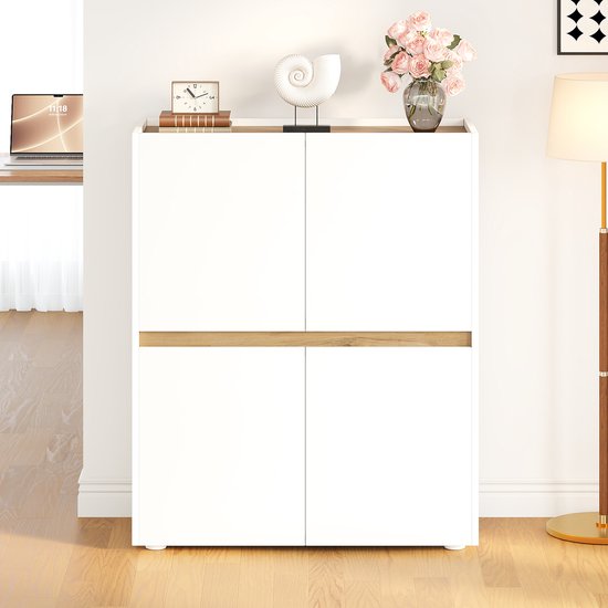 Opbergkast – Verstelbare Legplanken – 90 x 40 x 110 cm – Spaanplaat – Wit Houtlook – 4 Deuren, 8 Vakken