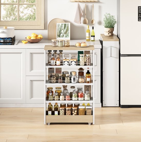 Opbergwagen Smal - 85 x 55 x 20 cm - 4 Verstelbare Legplanken - MDF - Wit met Houtlook - Keuken en Badkamer Voorraadkast - 4 Wielen