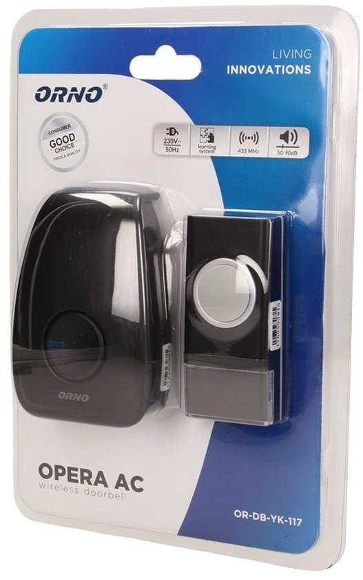 OPERA AC Draadloze deurbel met 1 ontvanger - Plug-in stopcontact - Optische indicatie - Instelbaar Volume/36 Melodieën - IP44