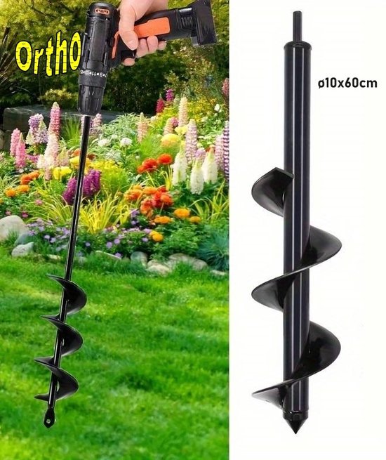 Ortho® - Grondboor voor boormachine - ø10x60 cm - Bollenboor - Zwart - Eenvoudig in gebruik - Compacte handgrondboor Groot van Ortho®