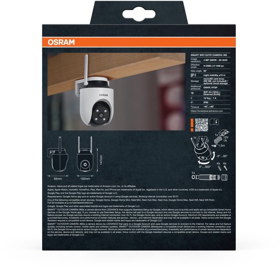 OSRAM SMART+ WiFi buitencamera 360° 4MP 2K IP65, pan-tilt, nachtzicht 10m, Alexa-compatibel, buiten, wit van Merkloos