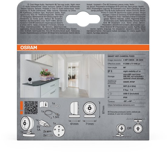 OSRAM SMART+ WiFi-camera 4MP 2K QHD, nachtzicht tot 7 m, tweerichtingsaudio, microSD 256GB, Alexa-compatibel, binnen wit van Merkloos