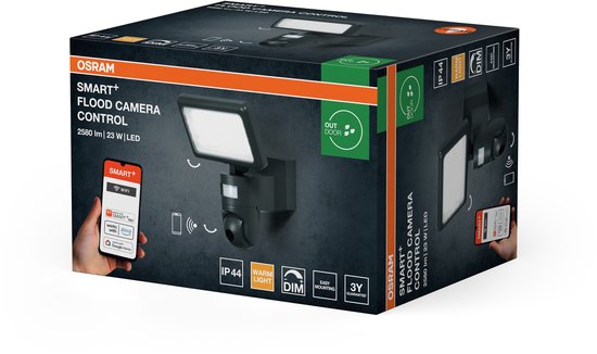 OSRAM SMART+ WiFi-spot met HD-camera, warm wit licht (3000 K), schijnwerper met bewegings- en daglichtsensor, 2000 lumen, dimbaar, IP44