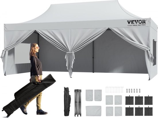 paviljoen 304,8x609,6x320cm tuintent 500D PU zilveren stof opvouwbaar paviljoen in hoogte verstelbaar incl. opbergtas partytent 12-16 personen pop-up tent tuinpaviljoen voor kampeertrip van Tidyard